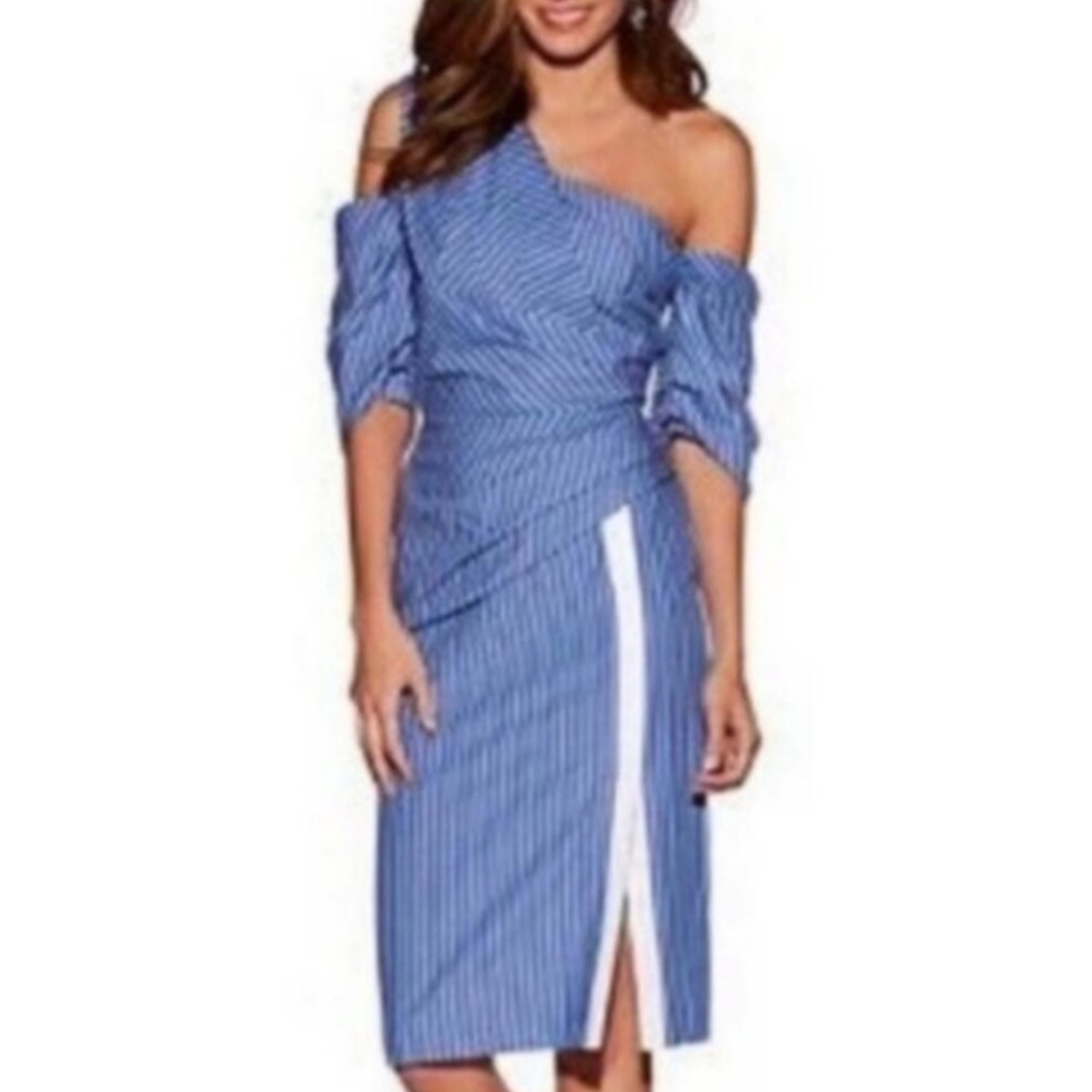 Dabney Charlton Blue White Nautical Striped Asymmetric Dress
